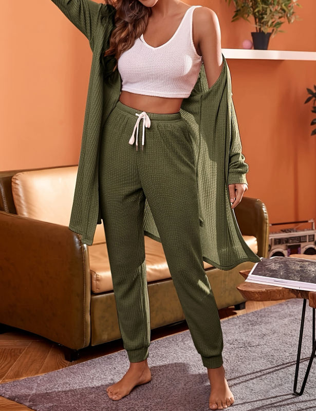 Army Green 3pcs Waffle Cardigan Vest and Pant Lounge Set