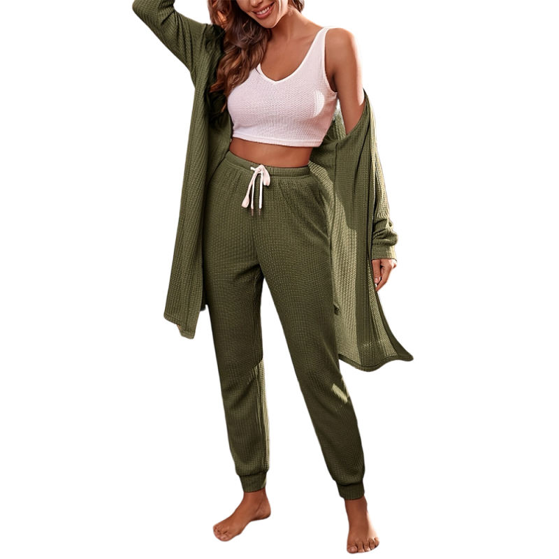 Army Green 3pcs Waffle Cardigan Vest and Pant Lounge Set