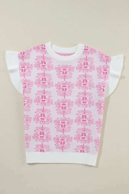 White Floral Printed Ruffled Short Sleeve Sweater
