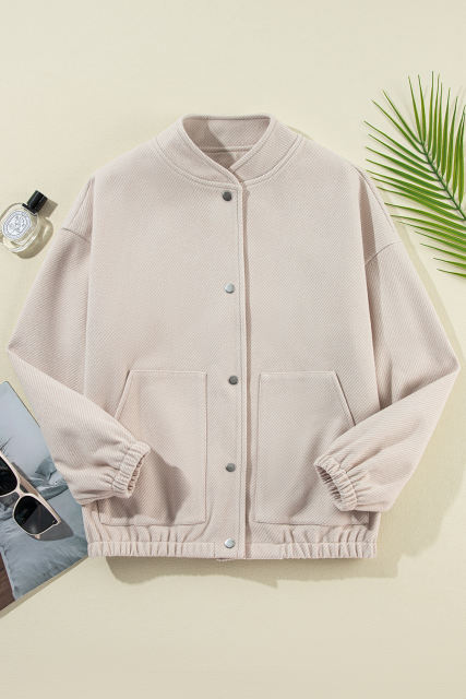 Beige Baseball Collar Snap Button Pocketed Bomber Jacket