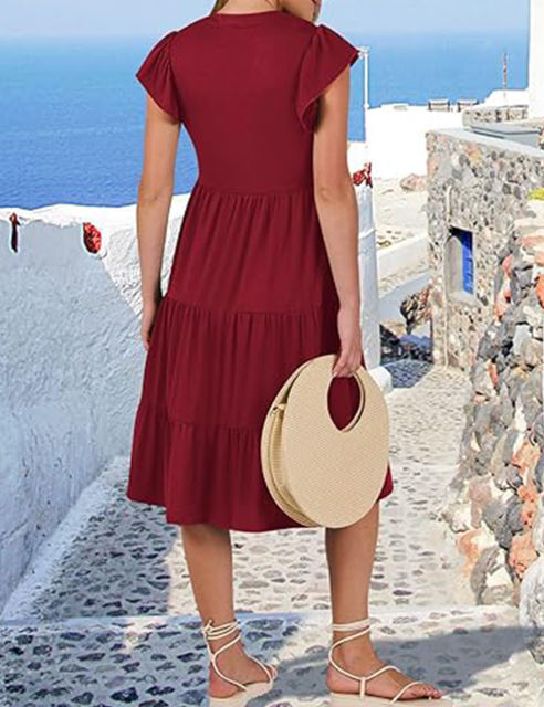 Burgundy V Neck Ruffled Sleeves Pocketed Midi Dress