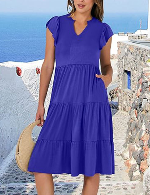 Royal Blue V Neck Ruffled Sleeves Pocketed Midi Dress