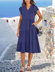 Navy Blue V Neck Ruffled Sleeves Pocketed Midi Dress