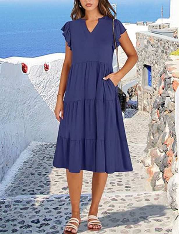 Navy Blue V Neck Ruffled Sleeves Pocketed Midi Dress