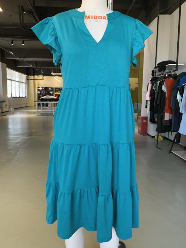 Peacock Blue V Neck Ruffled Sleeves Pocketed Midi Dress