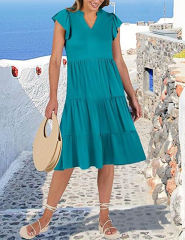 Peacock Blue V Neck Ruffled Sleeves Pocketed Midi Dress