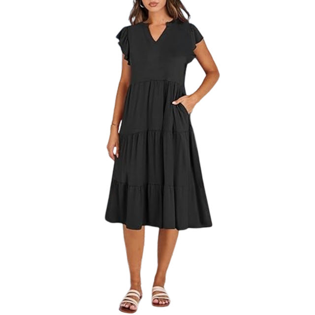 Black V Neck Ruffled Sleeves Pocketed Midi Dress