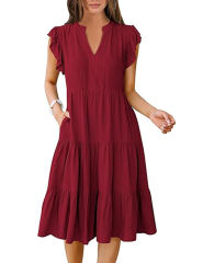 Burgundy V Neck Ruffled Sleeves Pocketed Midi Dress