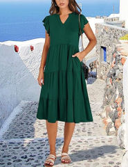 Dark Green V Neck Ruffled Sleeves Pocketed Midi Dress