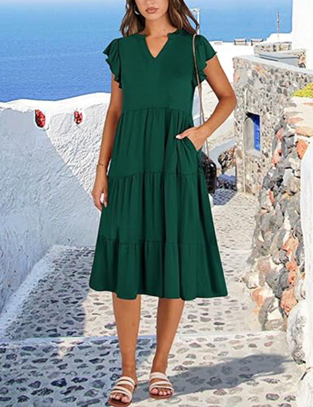 Dark Green V Neck Ruffled Sleeves Pocketed Midi Dress