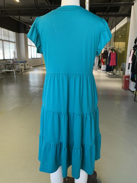 Peacock Blue V Neck Ruffled Sleeves Pocketed Midi Dress