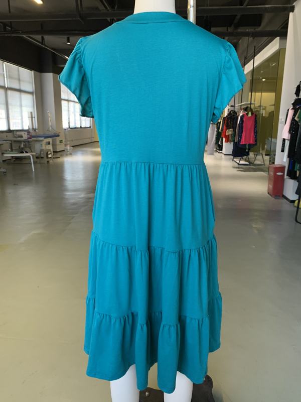 Peacock Blue V Neck Ruffled Sleeves Pocketed Midi Dress