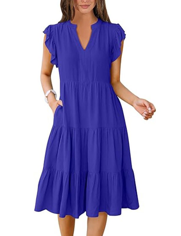 Royal Blue V Neck Ruffled Sleeves Pocketed Midi Dress
