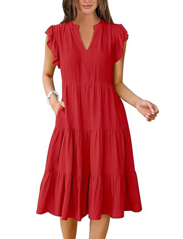 Red V Neck Ruffled Sleeves Pocketed Midi Dress
