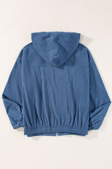 Real Teal Corduroy Drawstring Hooded Pocket Zip Up Jacket