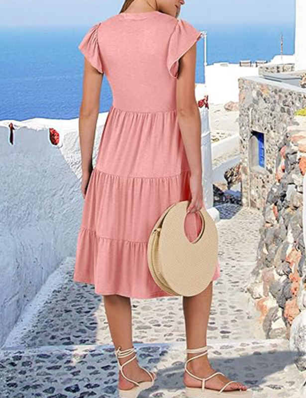 Pink V Neck Ruffled Sleeves Pocketed Midi Dress
