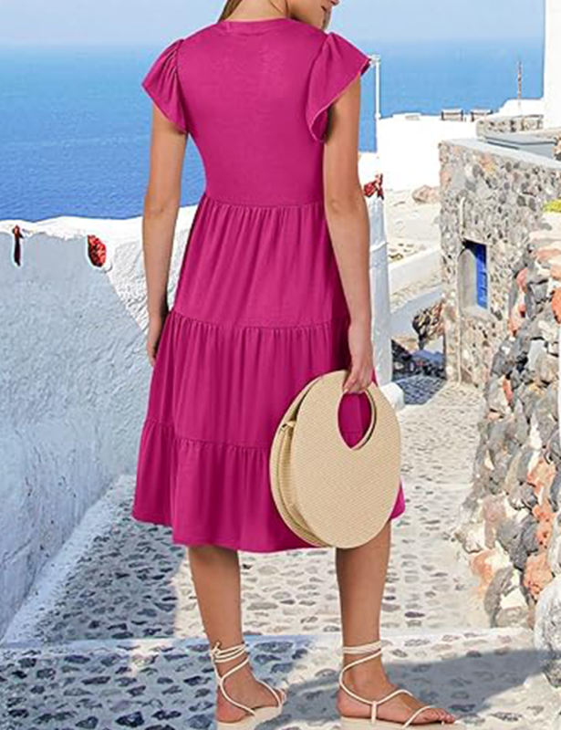 Rosy V Neck Ruffled Sleeves Pocketed Midi Dress