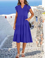 Royal Blue V Neck Ruffled Sleeves Pocketed Midi Dress