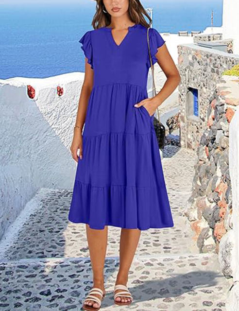 Royal Blue V Neck Ruffled Sleeves Pocketed Midi Dress
