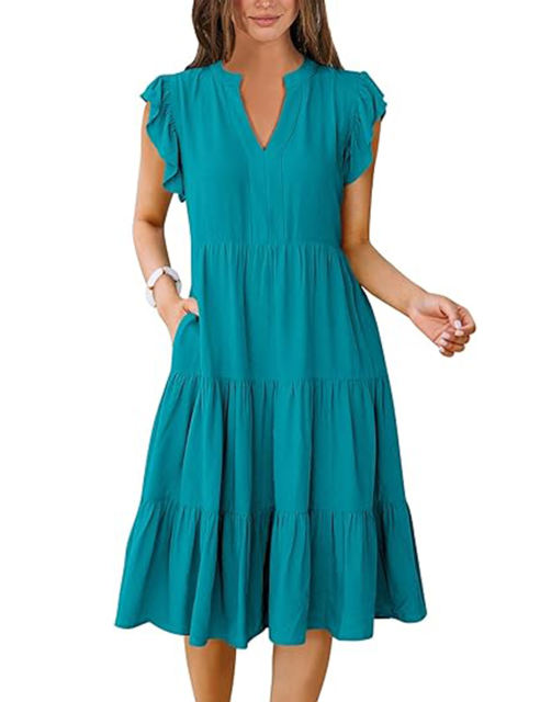 Peacock Blue V Neck Ruffled Sleeves Pocketed Midi Dress