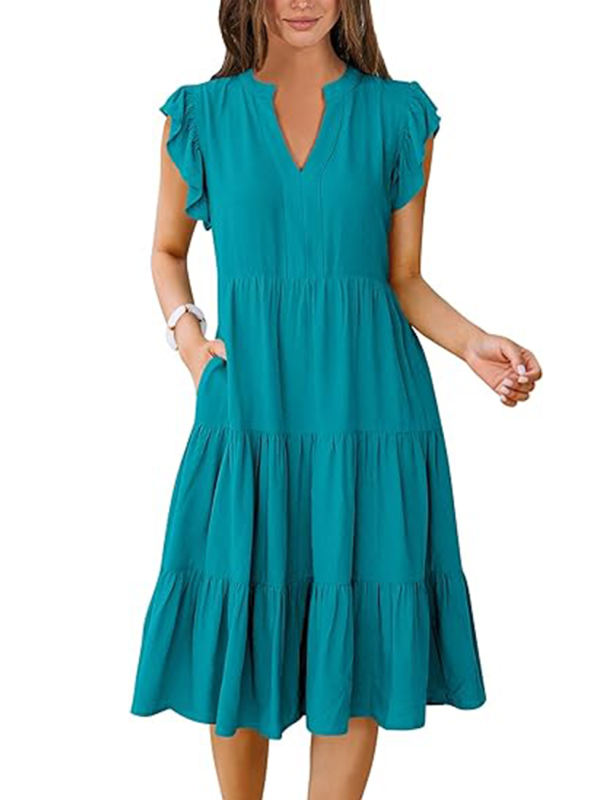 Peacock Blue V Neck Ruffled Sleeves Pocketed Midi Dress