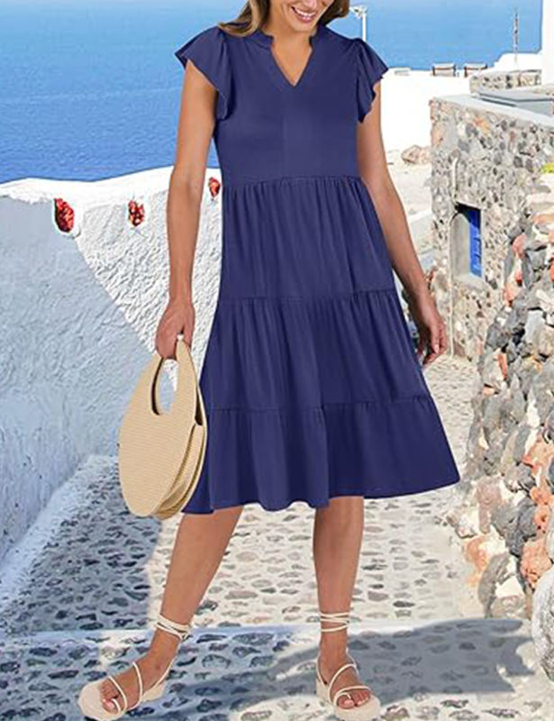 Navy Blue V Neck Ruffled Sleeves Pocketed Midi Dress