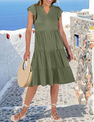 Army Green V Neck Ruffled Sleeves Pocketed Midi Dress