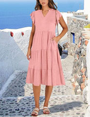Pink V Neck Ruffled Sleeves Pocketed Midi Dress