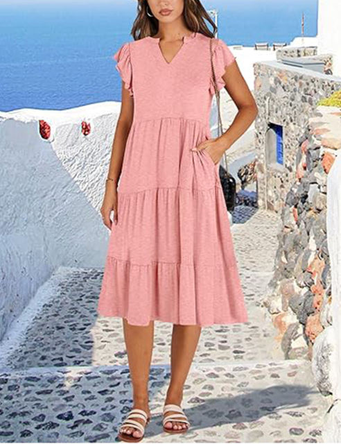 Pink V Neck Ruffled Sleeves Pocketed Midi Dress