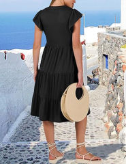 Black V Neck Ruffled Sleeves Pocketed Midi Dress