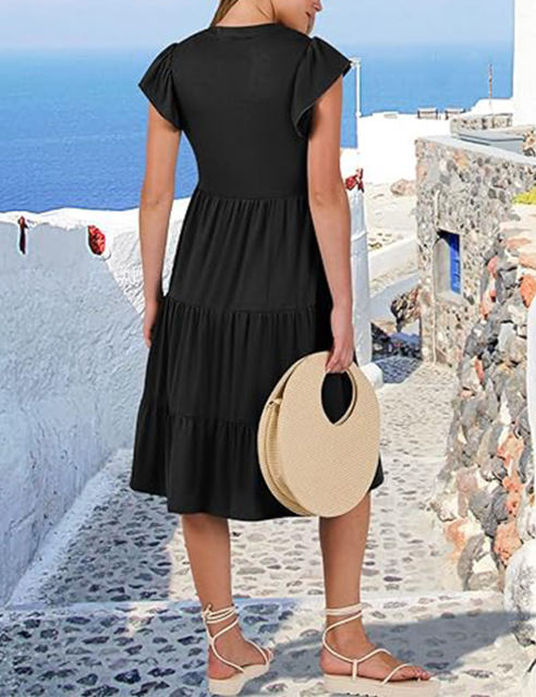 Black V Neck Ruffled Sleeves Pocketed Midi Dress