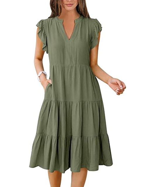 Army Green V Neck Ruffled Sleeves Pocketed Midi Dress