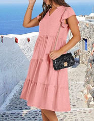 Pink V Neck Ruffled Sleeves Pocketed Midi Dress