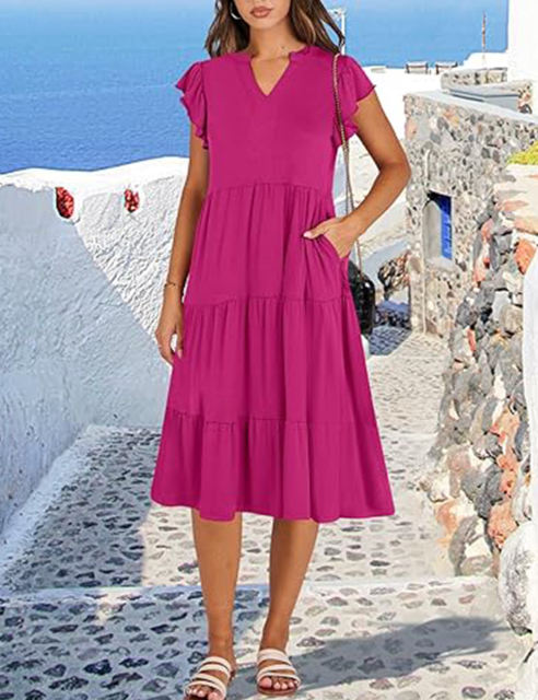Rosy V Neck Ruffled Sleeves Pocketed Midi Dress