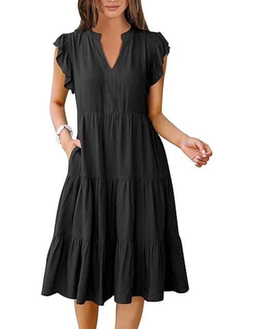 Black V Neck Ruffled Sleeves Pocketed Midi Dress
