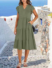 Army Green V Neck Ruffled Sleeves Pocketed Midi Dress