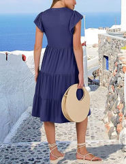 Navy Blue V Neck Ruffled Sleeves Pocketed Midi Dress