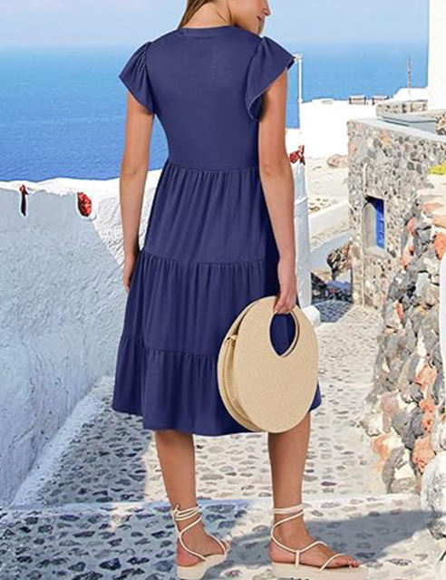 Navy Blue V Neck Ruffled Sleeves Pocketed Midi Dress