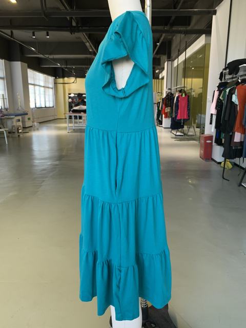 Peacock Blue V Neck Ruffled Sleeves Pocketed Midi Dress