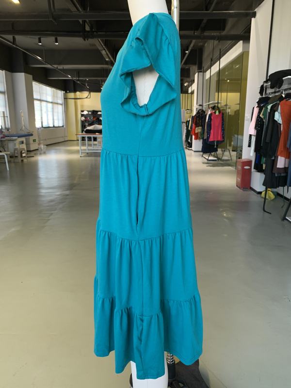 Peacock Blue V Neck Ruffled Sleeves Pocketed Midi Dress