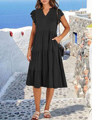 Black V Neck Ruffled Sleeves Pocketed Midi Dress