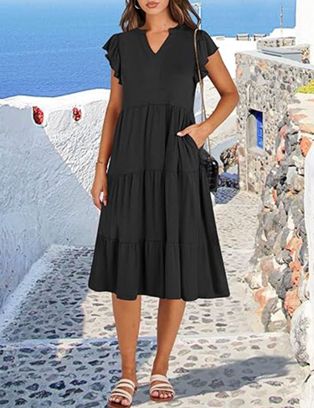 Black V Neck Ruffled Sleeves Pocketed Midi Dress
