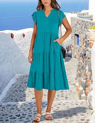 Peacock Blue V Neck Ruffled Sleeves Pocketed Midi Dress