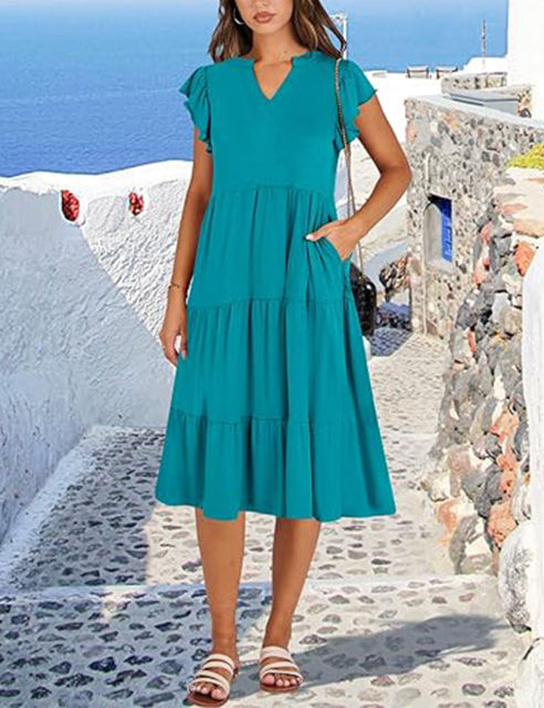 Peacock Blue V Neck Ruffled Sleeves Pocketed Midi Dress