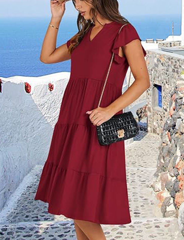 Burgundy V Neck Ruffled Sleeves Pocketed Midi Dress