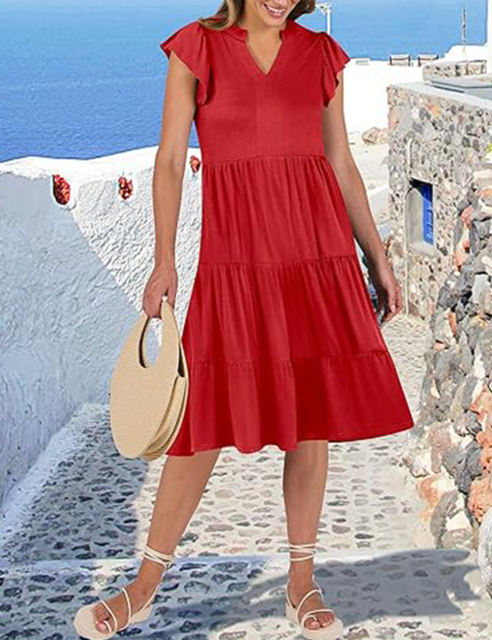 Red V Neck Ruffled Sleeves Pocketed Midi Dress