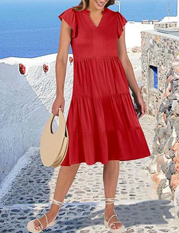 Red V Neck Ruffled Sleeves Pocketed Midi Dress