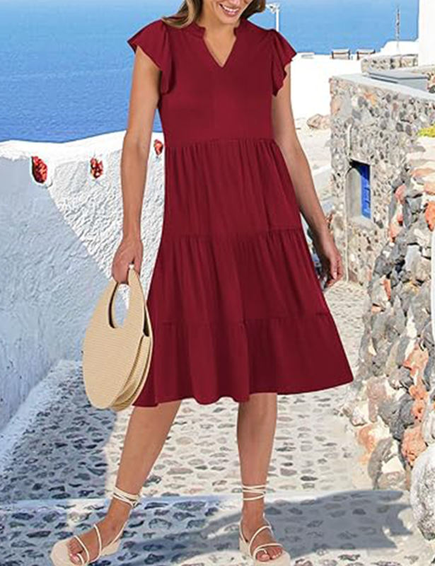 Burgundy V Neck Ruffled Sleeves Pocketed Midi Dress