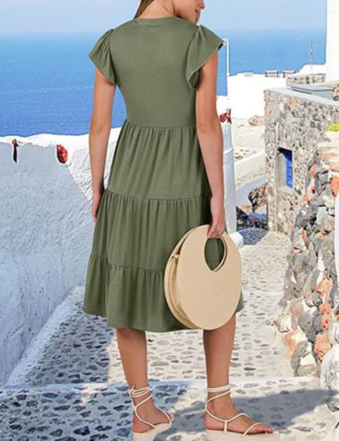 Army Green V Neck Ruffled Sleeves Pocketed Midi Dress