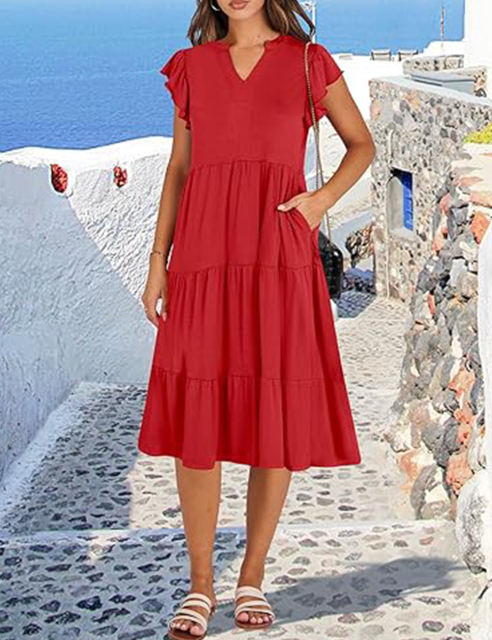 Red V Neck Ruffled Sleeves Pocketed Midi Dress